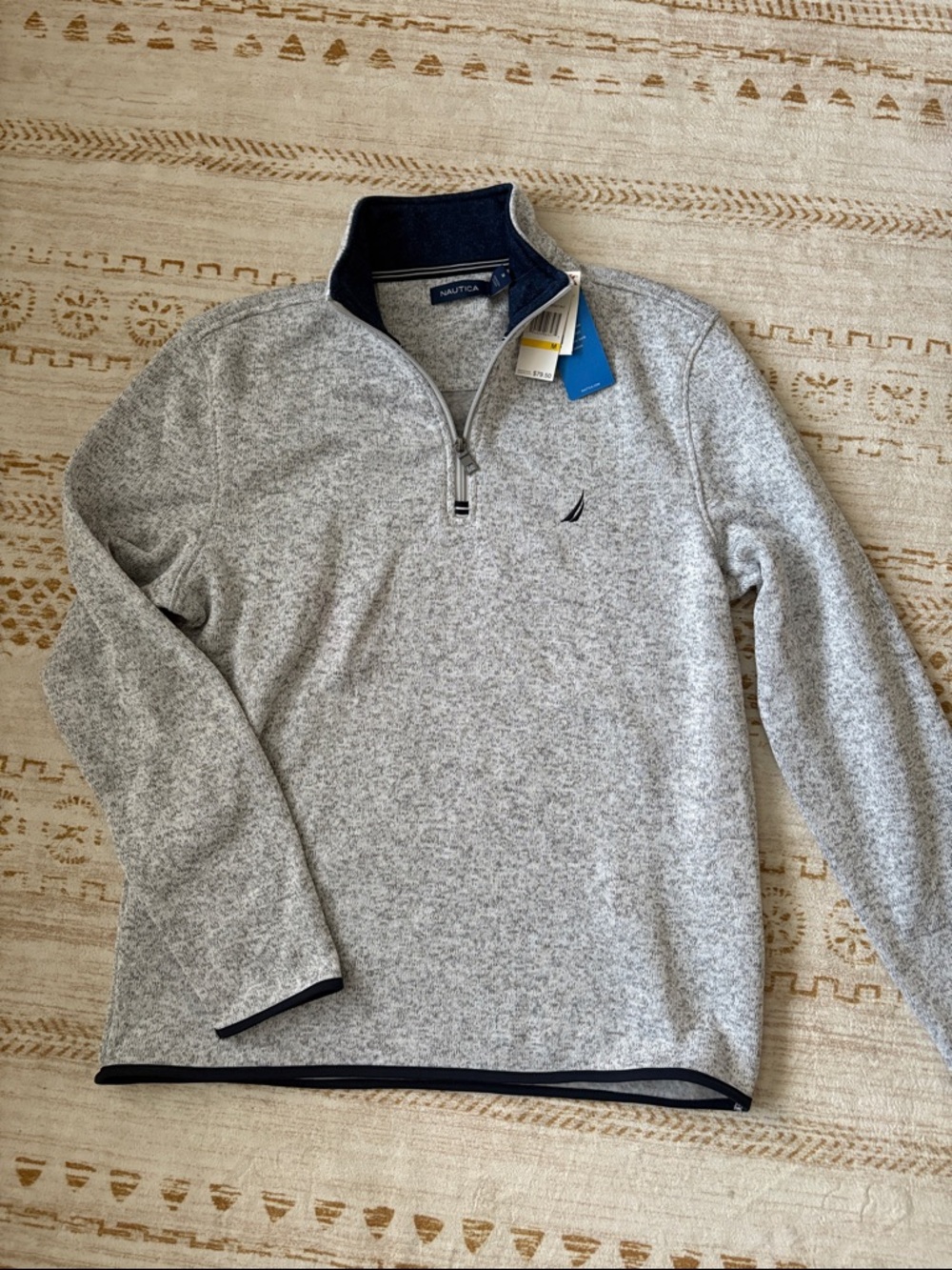 Nautica Men's Heather Gray Quarter Zip Pullover with Navy Trim